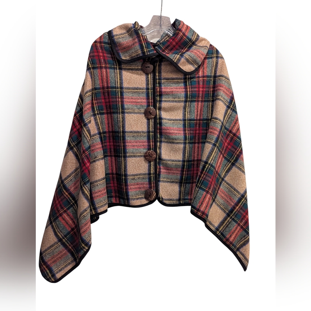 Tickled Pink Poncho Tan Red Green Plaid Snap Collar One Size Fits Most *GUC